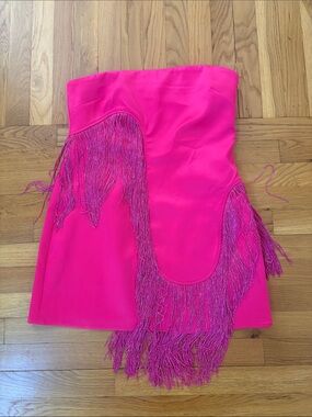 NWT Nasty Gal Premium Fringe Trim Bonded Satin Dress Hot Pink UK 12/US 8